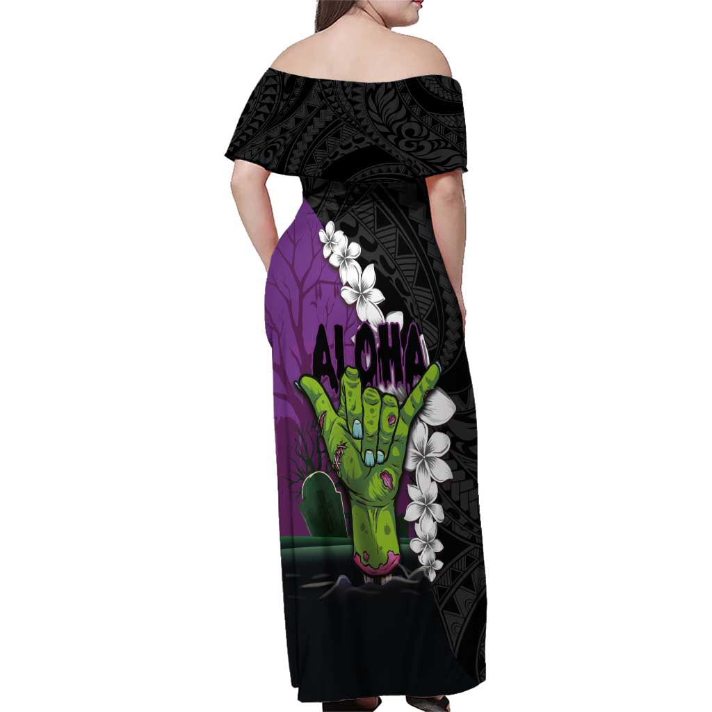 Hawaiian Halloween Family Matching Off Shoulder Maxi Dress and Hawaiian Shirt Horror Shaka Hand with Plumeria and Polynesian Tattoo Midnight Color LT03 - Polynesian Pride