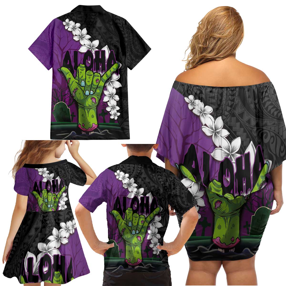Hawaiian Halloween Family Matching Off Shoulder Short Dress and Hawaiian Shirt Horror Shaka Hand with Plumeria and Polynesian Tattoo Midnight Color LT03 - Polynesian Pride
