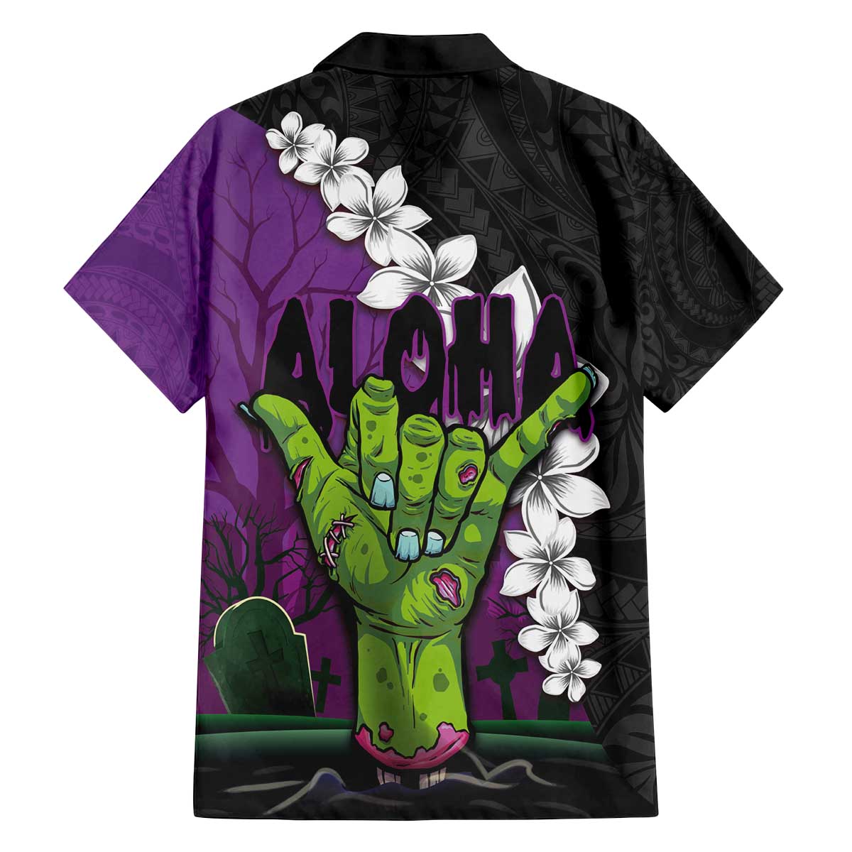 Hawaiian Halloween Family Matching Off Shoulder Short Dress and Hawaiian Shirt Horror Shaka Hand with Plumeria and Polynesian Tattoo Midnight Color LT03 - Polynesian Pride
