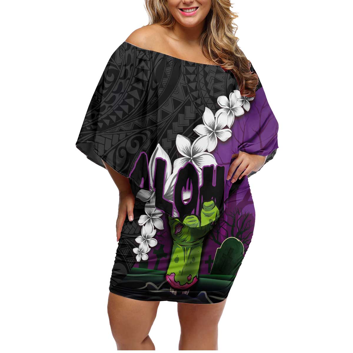 Hawaiian Halloween Family Matching Off Shoulder Short Dress and Hawaiian Shirt Horror Shaka Hand with Plumeria and Polynesian Tattoo Midnight Color LT03 Mom's Dress Purple - Polynesian Pride