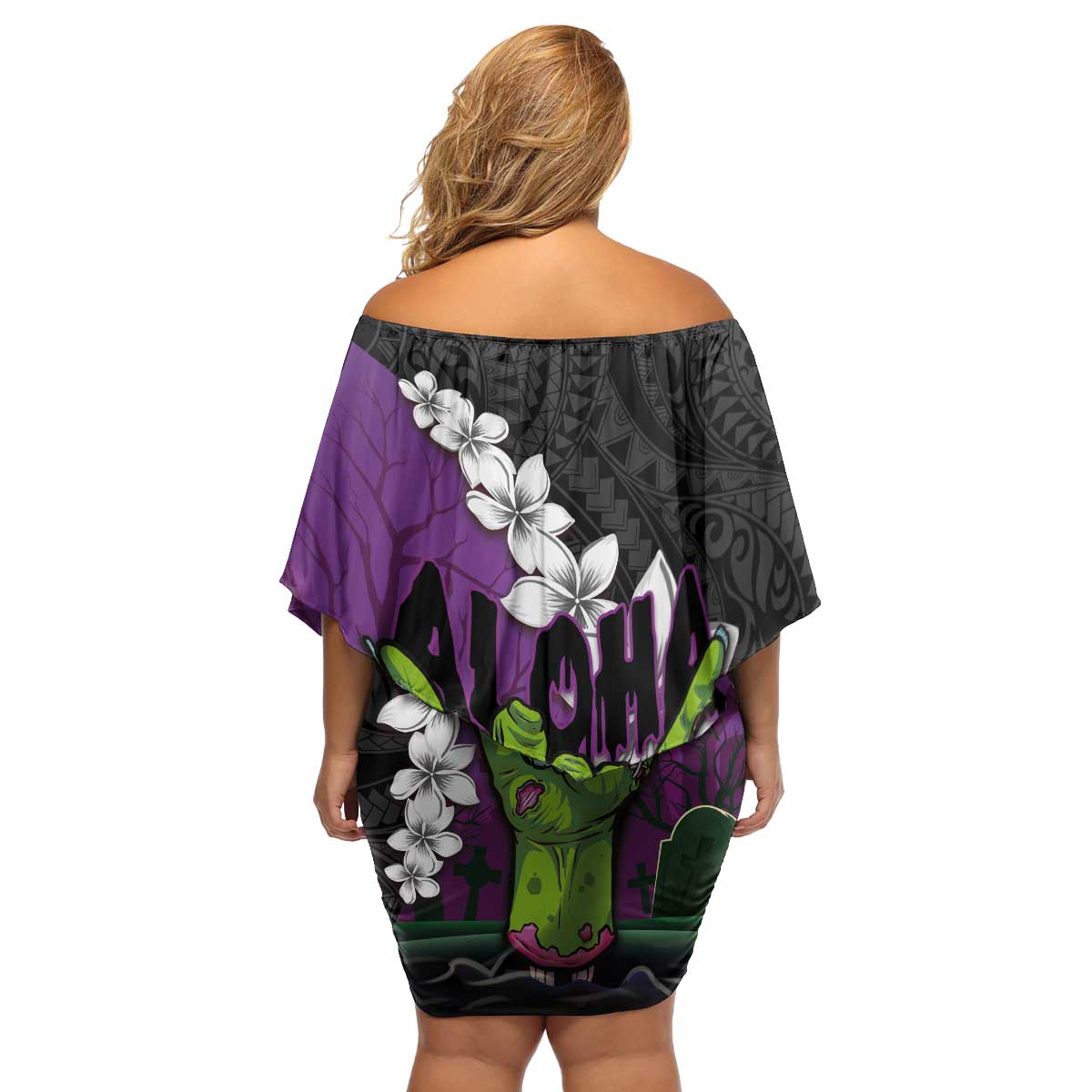 Hawaiian Halloween Family Matching Off Shoulder Short Dress and Hawaiian Shirt Horror Shaka Hand with Plumeria and Polynesian Tattoo Midnight Color LT03 - Polynesian Pride