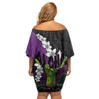Hawaiian Halloween Family Matching Off Shoulder Short Dress and Hawaiian Shirt Horror Shaka Hand with Plumeria and Polynesian Tattoo Midnight Color LT03 - Polynesian Pride