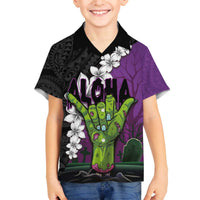 Hawaiian Halloween Family Matching Off Shoulder Short Dress and Hawaiian Shirt Horror Shaka Hand with Plumeria and Polynesian Tattoo Midnight Color LT03 Son's Shirt Purple - Polynesian Pride