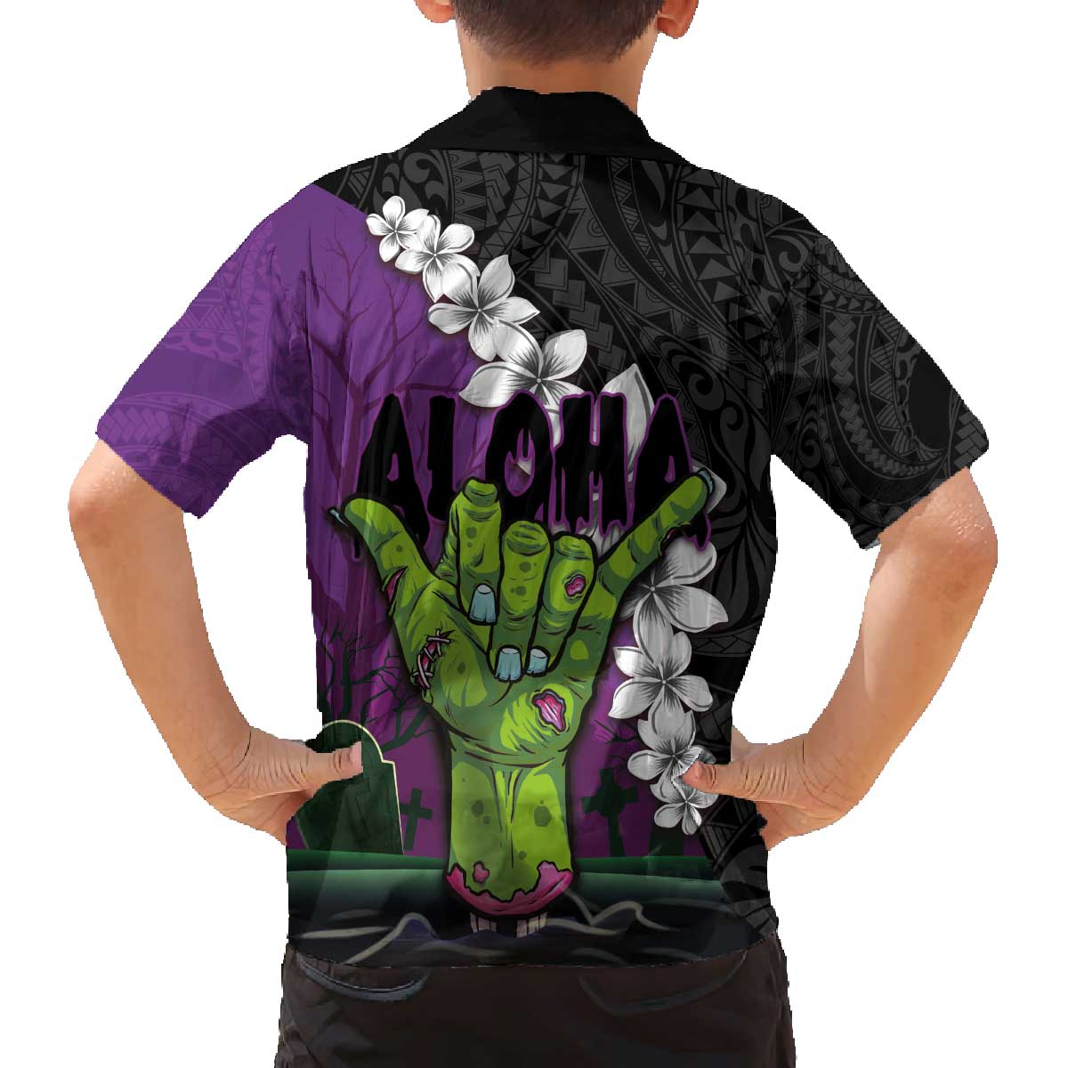 Hawaiian Halloween Family Matching Puletasi and Hawaiian Shirt Horror Shaka Hand with Plumeria and Polynesian Tattoo Midnight Color LT03 - Polynesian Pride