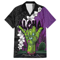Hawaiian Halloween Family Matching Puletasi and Hawaiian Shirt Horror Shaka Hand with Plumeria and Polynesian Tattoo Midnight Color LT03 Dad's Shirt - Short Sleeve Purple - Polynesian Pride