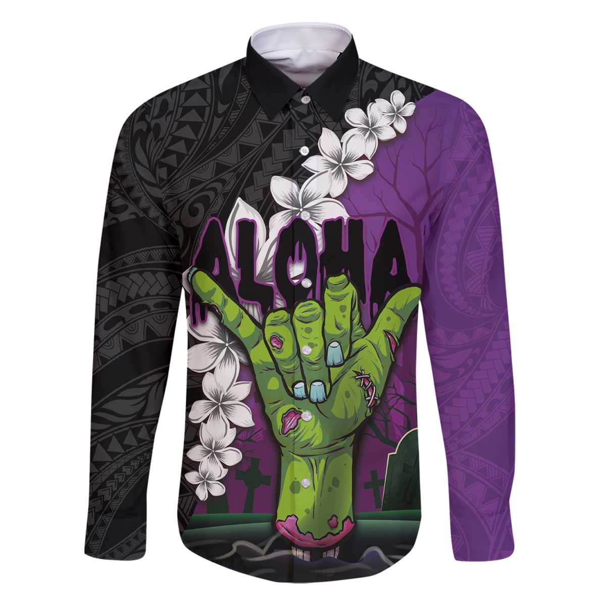 Hawaiian Halloween Family Matching Puletasi and Hawaiian Shirt Horror Shaka Hand with Plumeria and Polynesian Tattoo Midnight Color LT03 Dad's Shirt - Long Sleeve Purple - Polynesian Pride