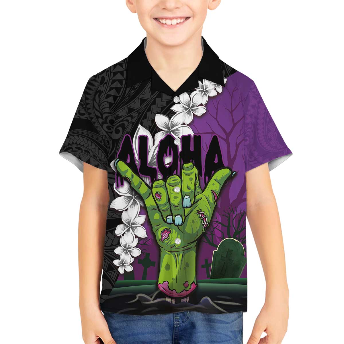 Hawaiian Halloween Family Matching Puletasi and Hawaiian Shirt Horror Shaka Hand with Plumeria and Polynesian Tattoo Midnight Color LT03 Son's Shirt Purple - Polynesian Pride