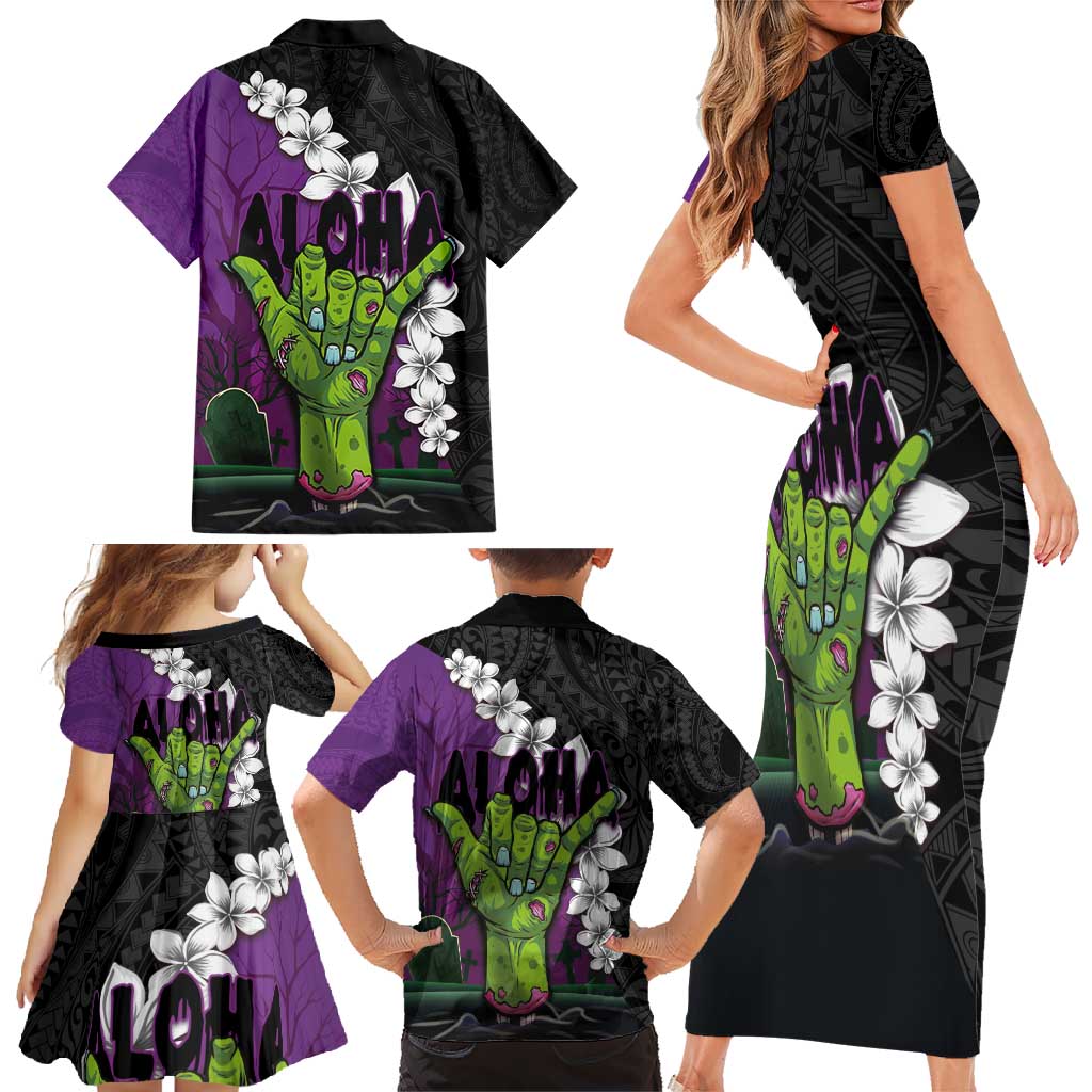Hawaiian Halloween Family Matching Short Sleeve Bodycon Dress and Hawaiian Shirt Horror Shaka Hand with Plumeria and Polynesian Tattoo Midnight Color LT03 - Polynesian Pride