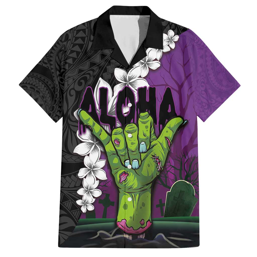 Hawaiian Halloween Family Matching Short Sleeve Bodycon Dress and Hawaiian Shirt Horror Shaka Hand with Plumeria and Polynesian Tattoo Midnight Color LT03 Dad's Shirt - Short Sleeve Purple - Polynesian Pride