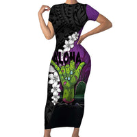 Hawaiian Halloween Family Matching Short Sleeve Bodycon Dress and Hawaiian Shirt Horror Shaka Hand with Plumeria and Polynesian Tattoo Midnight Color LT03 Mom's Dress Purple - Polynesian Pride