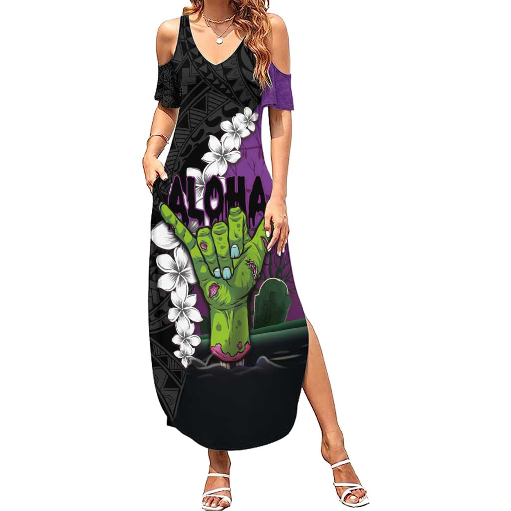 Hawaiian Halloween Family Matching Summer Maxi Dress and Hawaiian Shirt Horror Shaka Hand with Plumeria and Polynesian Tattoo Midnight Color LT03 Mom's Dress Purple - Polynesian Pride
