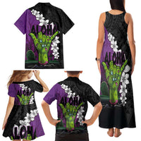 Hawaiian Halloween Family Matching Tank Maxi Dress and Hawaiian Shirt Horror Shaka Hand with Plumeria and Polynesian Tattoo Midnight Color LT03 - Polynesian Pride