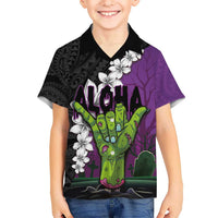 Hawaiian Halloween Hawaiian Shirt Horror Shaka Hand with Plumeria and Polynesian Tattoo Midnight Color