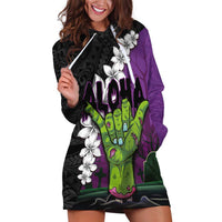 Hawaiian Halloween Hoodie Dress Horror Shaka Hand with Plumeria and Polynesian Tattoo Midnight Color LT03 Purple - Polynesian Pride