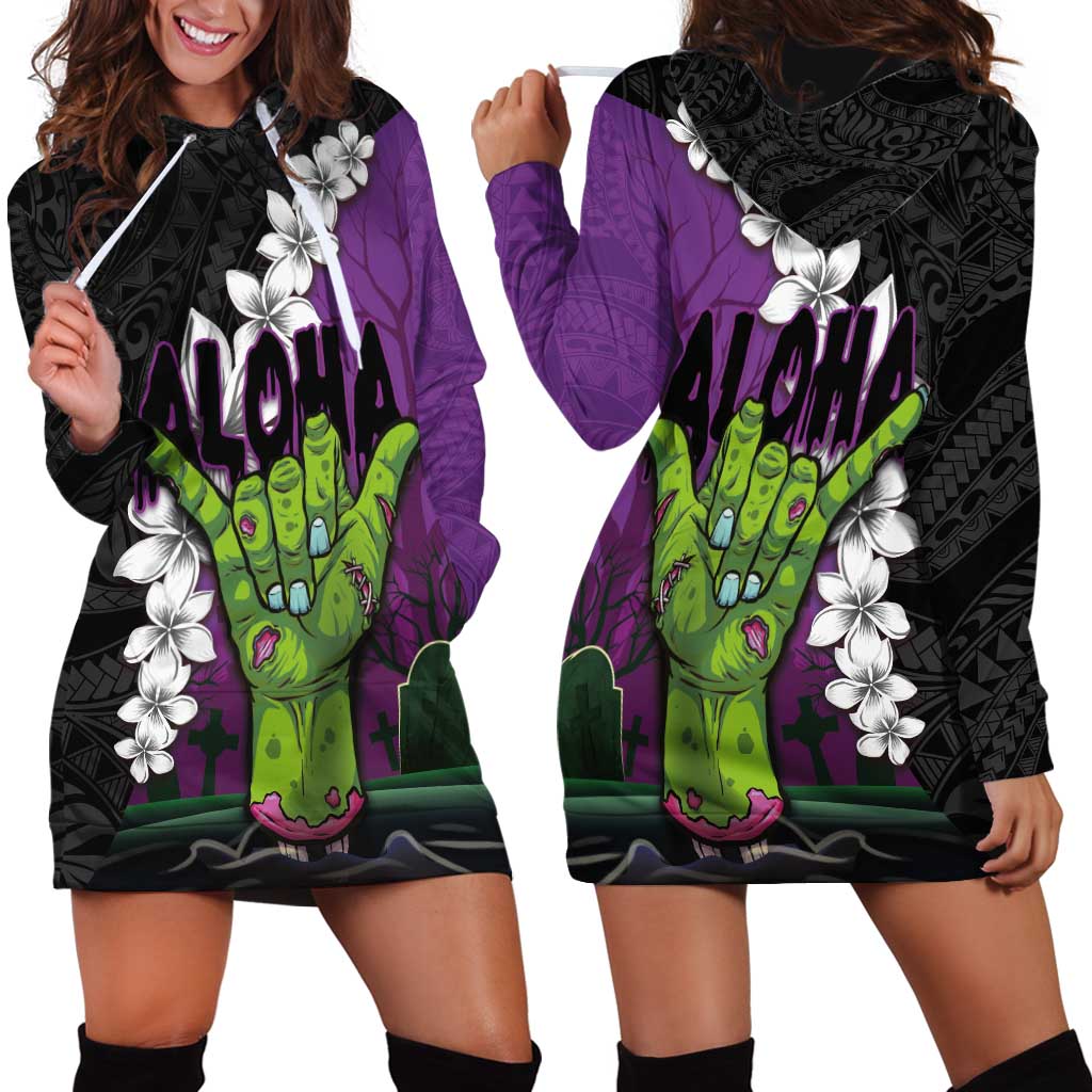 Hawaiian Halloween Hoodie Dress Horror Shaka Hand with Plumeria and Polynesian Tattoo Midnight Color LT03 - Polynesian Pride