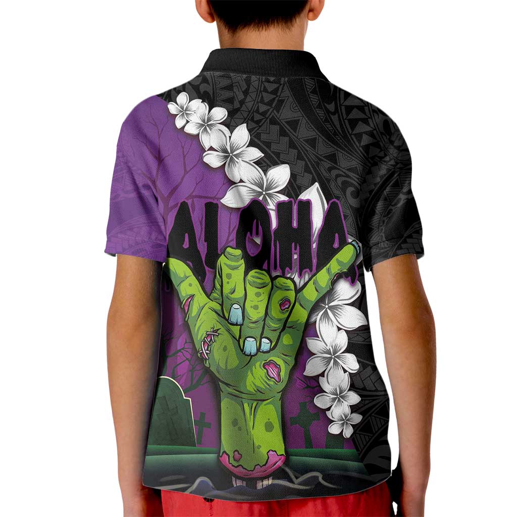 Hawaiian Halloween Kid Polo Shirt Horror Shaka Hand with Plumeria and Polynesian Tattoo Midnight Color