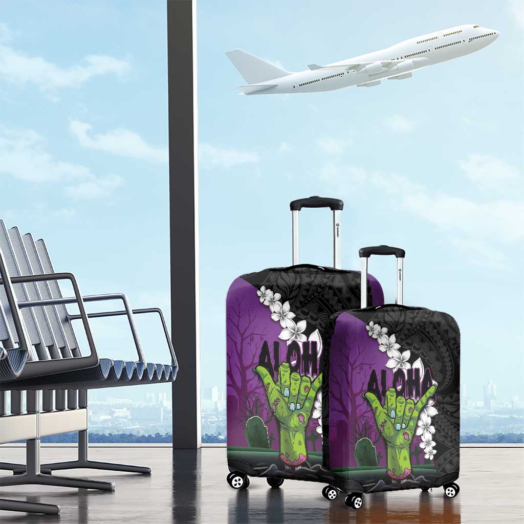 Hawaiian Halloween Luggage Cover Horror Shaka Hand with Plumeria and Polynesian Tattoo Midnight Color