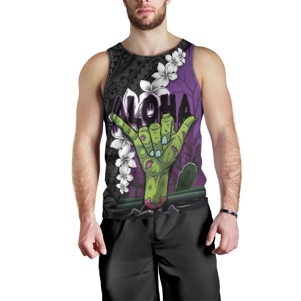 Hawaiian Halloween Men Tank Top Horror Shaka Hand with Plumeria and Polynesian Tattoo Midnight Color