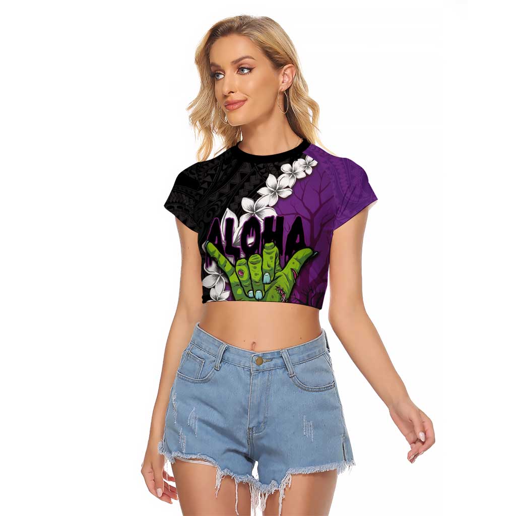 Hawaiian Halloween Raglan Cropped T Shirt Horror Shaka Hand with Plumeria and Polynesian Tattoo Midnight Color