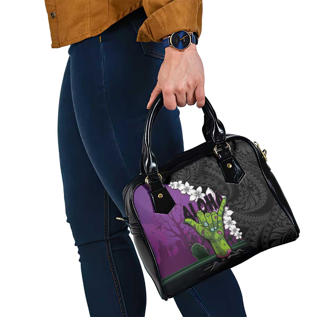 Hawaiian Halloween Shoulder Handbag Horror Shaka Hand with Plumeria and Polynesian Tattoo Midnight Color