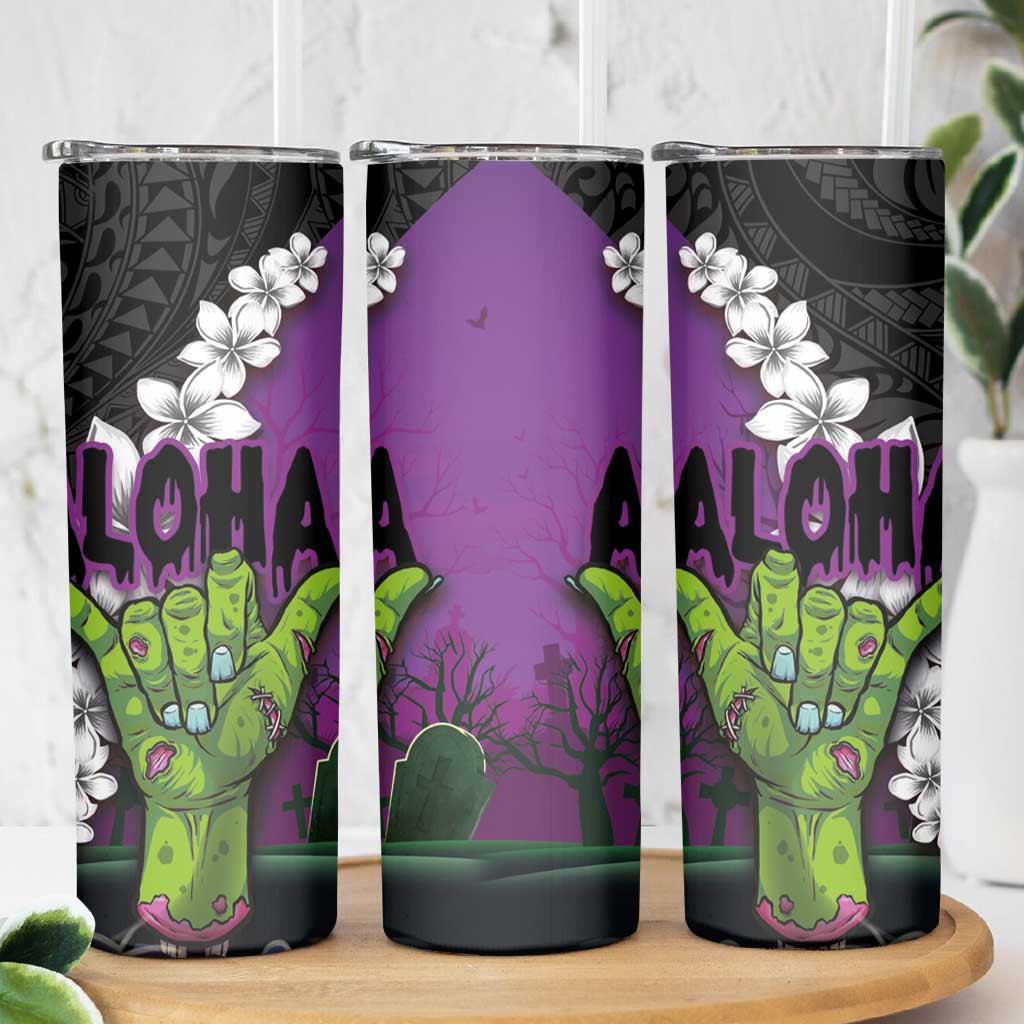 Hawaiian Halloween Skinny Tumbler Horror Shaka Hand with Plumeria and Polynesian Tattoo Midnight Color LT03 - Polynesian Pride