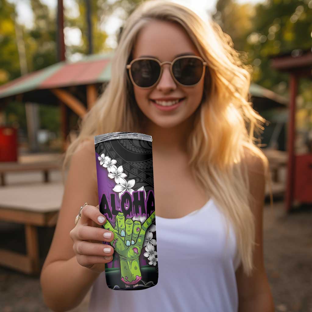 Hawaiian Halloween Skinny Tumbler Horror Shaka Hand with Plumeria and Polynesian Tattoo Midnight Color LT03 - Polynesian Pride