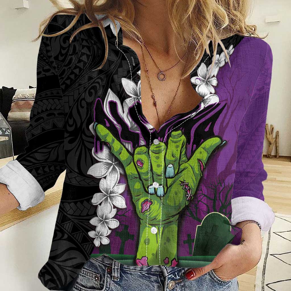 Hawaiian Halloween Women Casual Shirt Horror Shaka Hand with Plumeria and Polynesian Tattoo Midnight Color LT03 Female Purple - Polynesian Pride