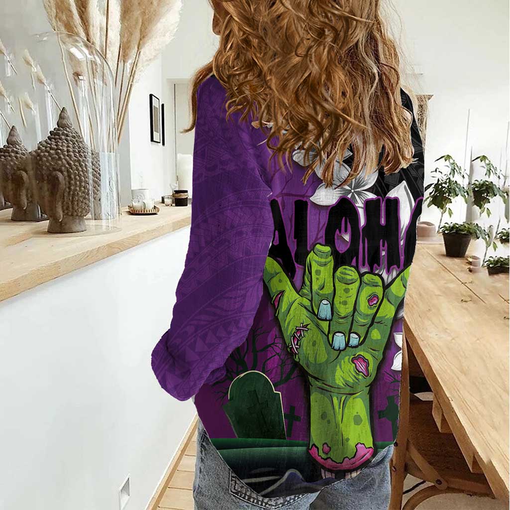 Hawaiian Halloween Women Casual Shirt Horror Shaka Hand with Plumeria and Polynesian Tattoo Midnight Color LT03 - Polynesian Pride
