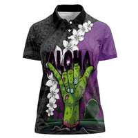 Hawaiian Halloween Women Polo Shirt Horror Shaka Hand with Plumeria and Polynesian Tattoo Midnight Color LT03 Female Purple - Polynesian Pride