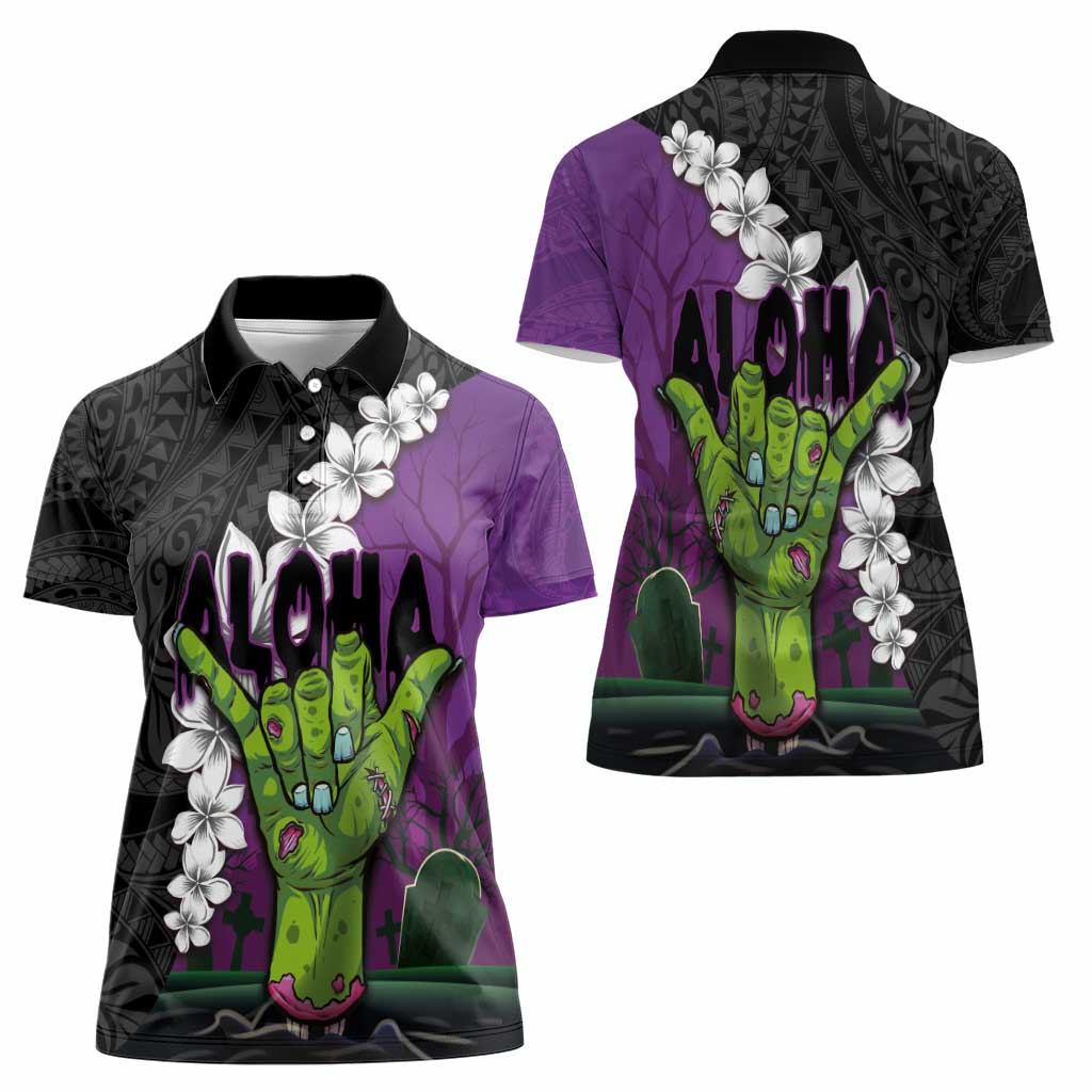 Hawaiian Halloween Women Polo Shirt Horror Shaka Hand with Plumeria and Polynesian Tattoo Midnight Color LT03 - Polynesian Pride