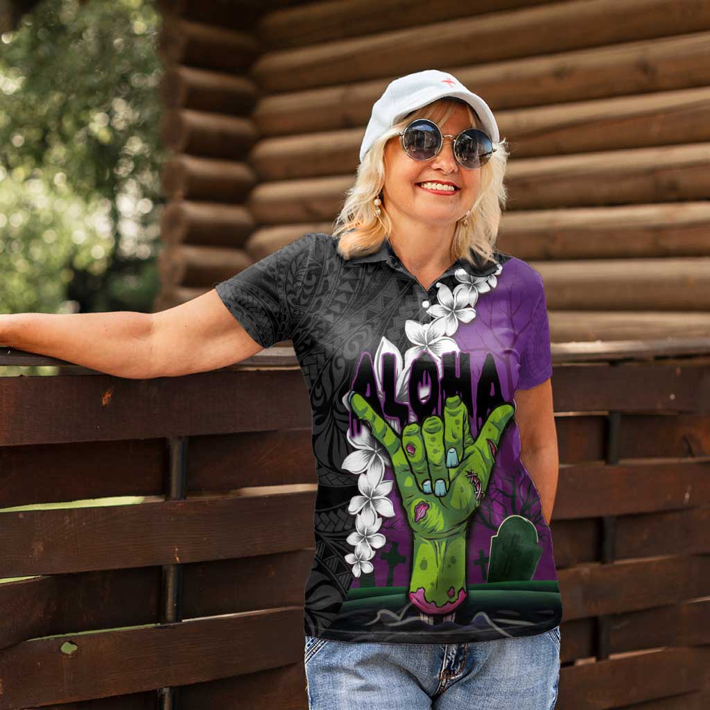 Hawaiian Halloween Women Polo Shirt Horror Shaka Hand with Plumeria and Polynesian Tattoo Midnight Color LT03 - Polynesian Pride