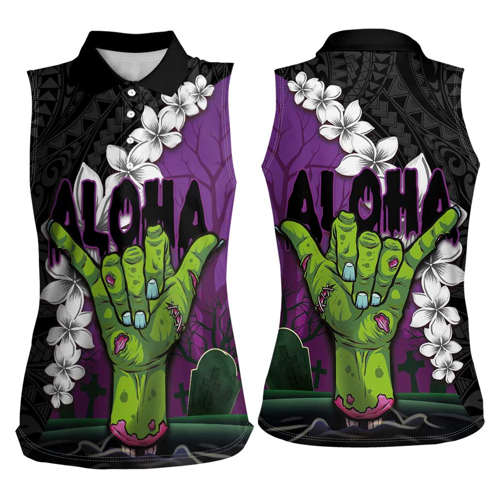 Hawaiian Halloween Women Sleeveless Polo Shirt Horror Shaka Hand with Plumeria and Polynesian Tattoo Midnight Color