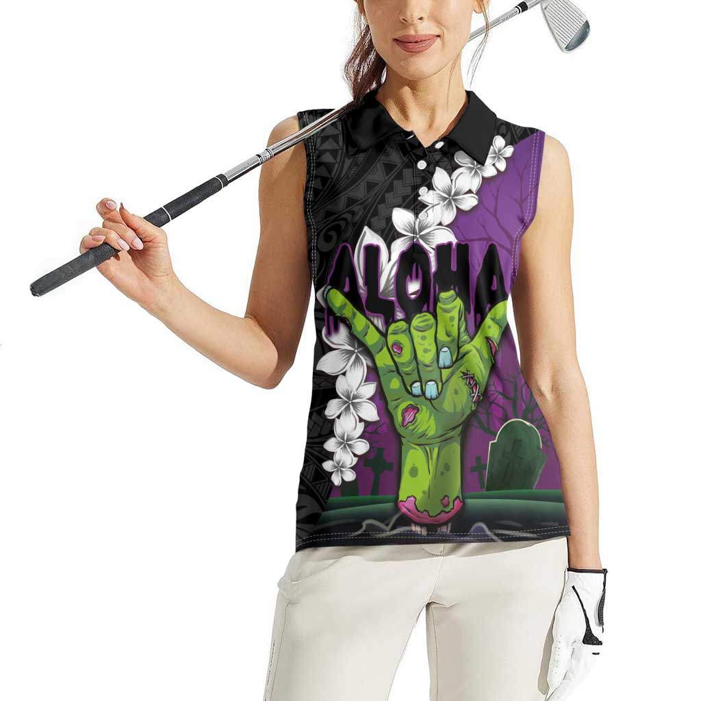 Hawaiian Halloween Women Sleeveless Polo Shirt Horror Shaka Hand with Plumeria and Polynesian Tattoo Midnight Color