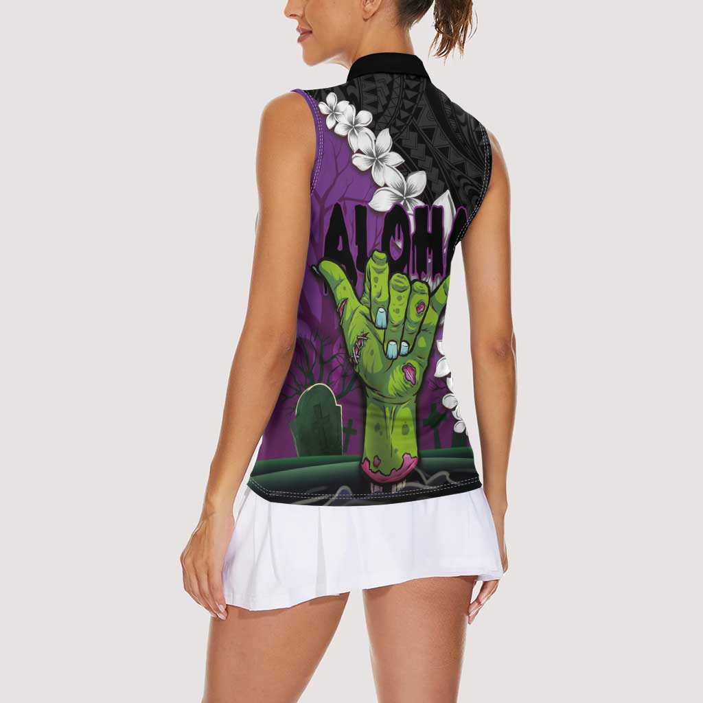 Hawaiian Halloween Women Sleeveless Polo Shirt Horror Shaka Hand with Plumeria and Polynesian Tattoo Midnight Color