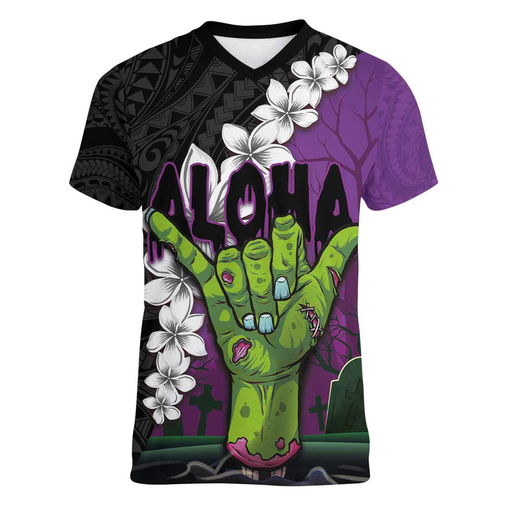 Hawaiian Halloween Women V-Neck T-Shirt Horror Shaka Hand with Plumeria and Polynesian Tattoo Midnight Color