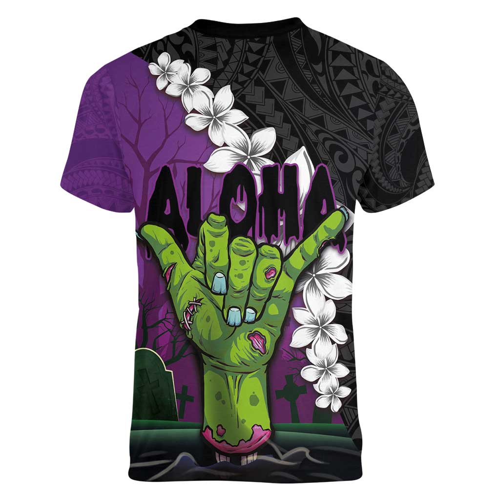 Hawaiian Halloween Women V-Neck T-Shirt Horror Shaka Hand with Plumeria and Polynesian Tattoo Midnight Color