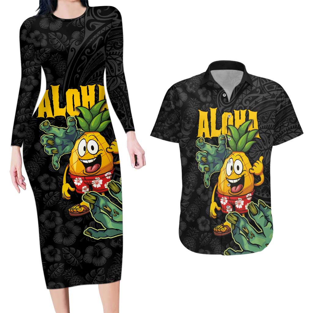Hawaiian Halloween Couples Matching Long Sleeve Bodycon Dress and Hawaiian Shirt Aloha Pinapple with Mysterious Hands and Polynesian Tribal Tattoo LT03 Black - Polynesian Pride