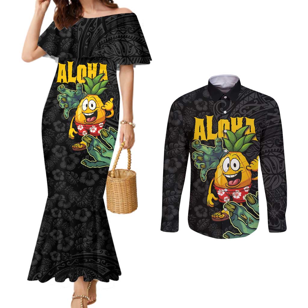 Hawaiian Halloween Couples Matching Mermaid Dress and Long Sleeve Button Shirt Aloha Pinapple with Mysterious Hands and Polynesian Tribal Tattoo LT03 Black - Polynesian Pride
