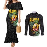 Hawaiian Halloween Couples Matching Mermaid Dress and Long Sleeve Button Shirt Aloha Pinapple with Mysterious Hands and Polynesian Tribal Tattoo LT03 Black - Polynesian Pride