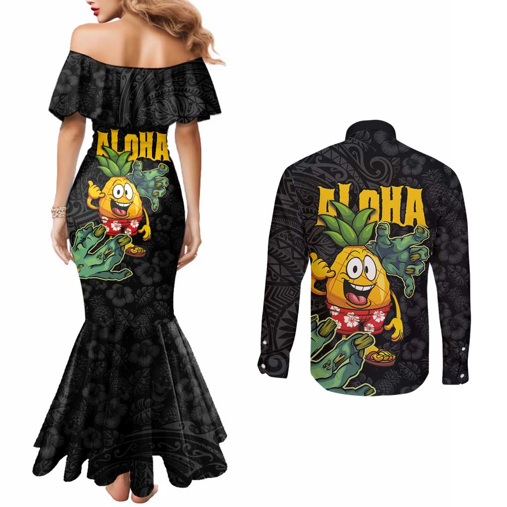 Hawaiian Halloween Couples Matching Mermaid Dress and Long Sleeve Button Shirt Aloha Pinapple with Mysterious Hands and Polynesian Tribal Tattoo LT03 - Polynesian Pride