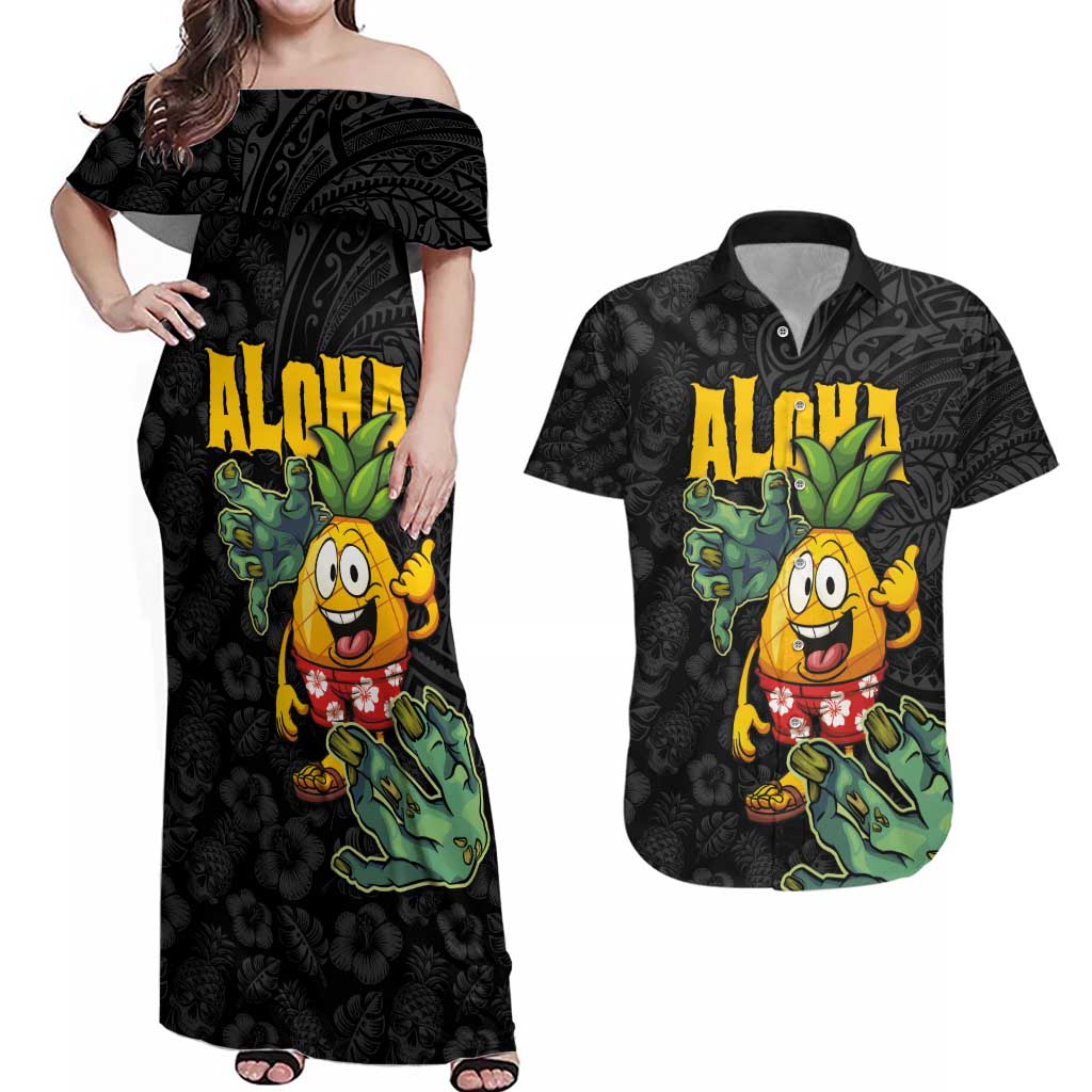 Hawaiian Halloween Couples Matching Off Shoulder Maxi Dress and Hawaiian Shirt Aloha Pinapple with Mysterious Hands and Polynesian Tribal Tattoo LT03 Black - Polynesian Pride