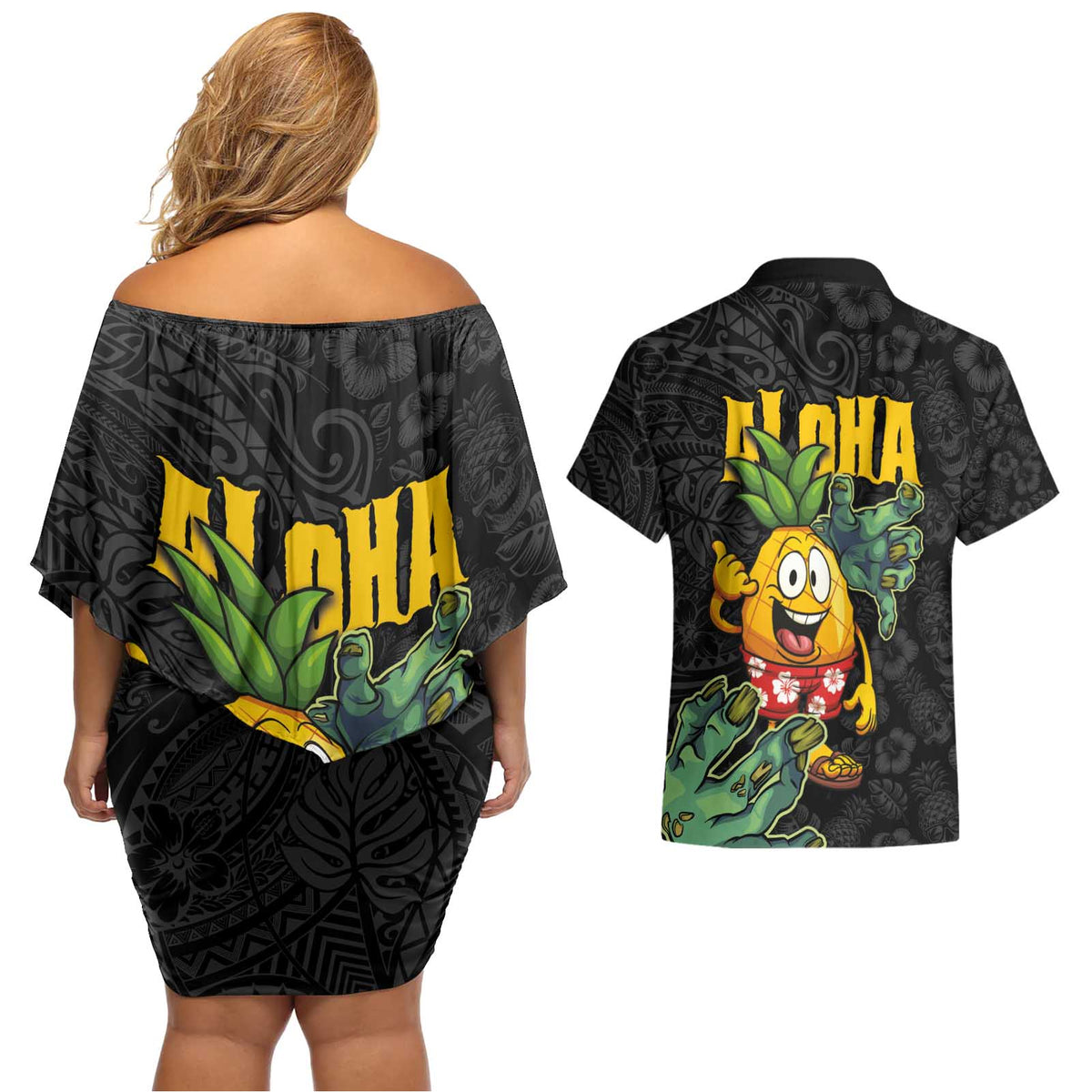 Hawaiian Halloween Couples Matching Off Shoulder Short Dress and Hawaiian Shirt Aloha Pinapple with Mysterious Hands and Polynesian Tribal Tattoo LT03 - Polynesian Pride