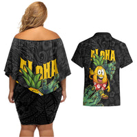 Hawaiian Halloween Couples Matching Off Shoulder Short Dress and Hawaiian Shirt Aloha Pinapple with Mysterious Hands and Polynesian Tribal Tattoo LT03 - Polynesian Pride