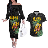 Hawaiian Halloween Couples Matching Off The Shoulder Long Sleeve Dress and Hawaiian Shirt Aloha Pinapple with Mysterious Hands and Polynesian Tribal Tattoo LT03 Black - Polynesian Pride