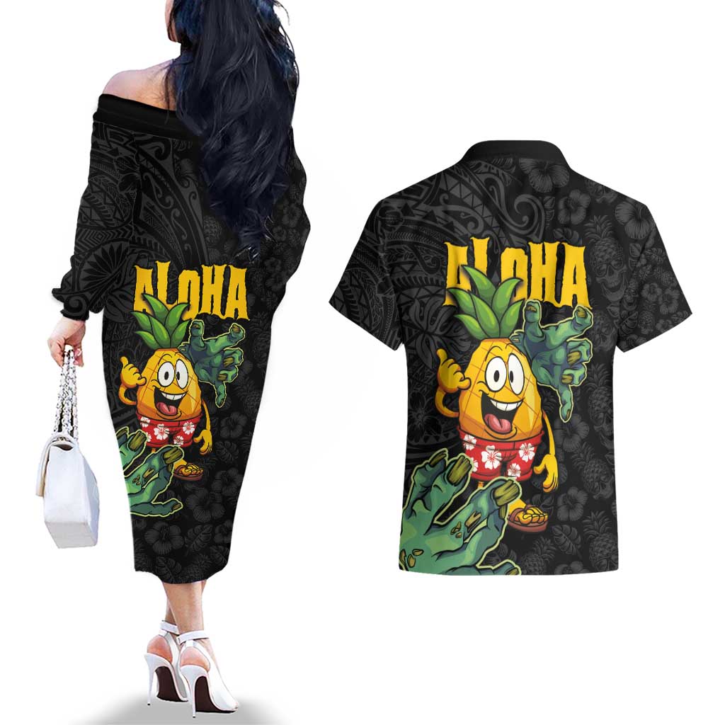 Hawaiian Halloween Couples Matching Off The Shoulder Long Sleeve Dress and Hawaiian Shirt Aloha Pinapple with Mysterious Hands and Polynesian Tribal Tattoo LT03 - Polynesian Pride