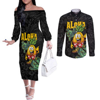 Hawaiian Halloween Couples Matching Off The Shoulder Long Sleeve Dress and Long Sleeve Button Shirt Aloha Pinapple with Mysterious Hands and Polynesian Tribal Tattoo LT03 Black - Polynesian Pride