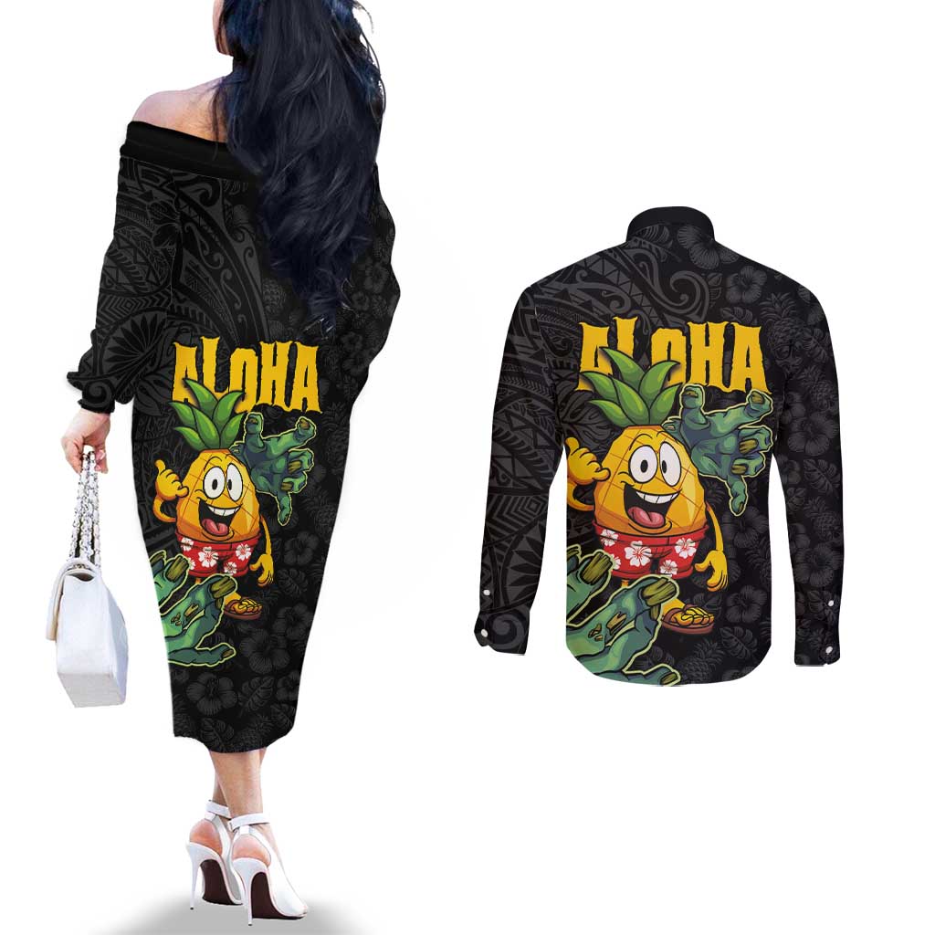 Hawaiian Halloween Couples Matching Off The Shoulder Long Sleeve Dress and Long Sleeve Button Shirt Aloha Pinapple with Mysterious Hands and Polynesian Tribal Tattoo LT03 - Polynesian Pride