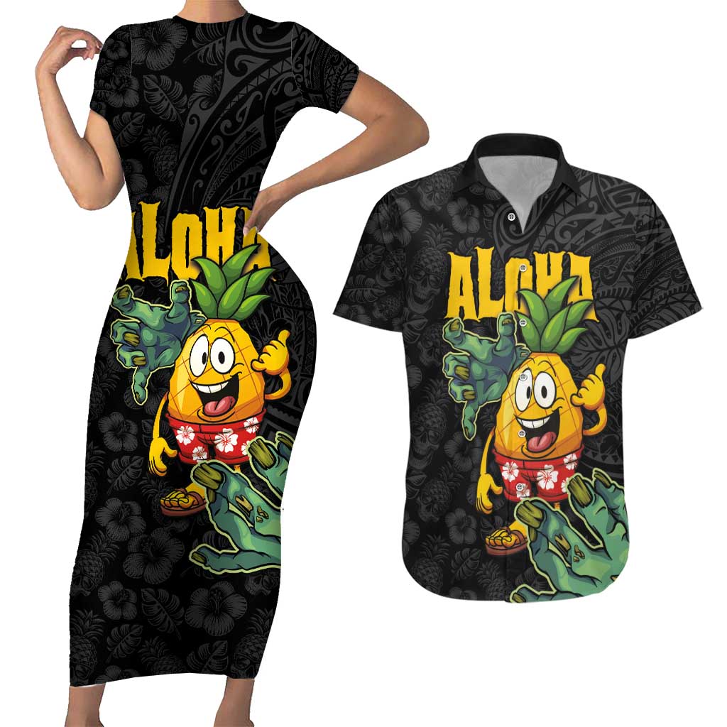 Hawaiian Halloween Couples Matching Short Sleeve Bodycon Dress and Hawaiian Shirt Aloha Pinapple with Mysterious Hands and Polynesian Tribal Tattoo LT03 Black - Polynesian Pride