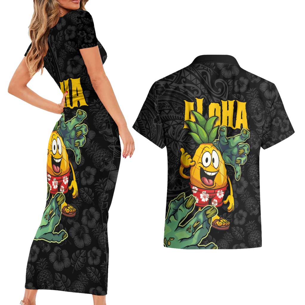 Hawaiian Halloween Couples Matching Short Sleeve Bodycon Dress and Hawaiian Shirt Aloha Pinapple with Mysterious Hands and Polynesian Tribal Tattoo LT03 - Polynesian Pride