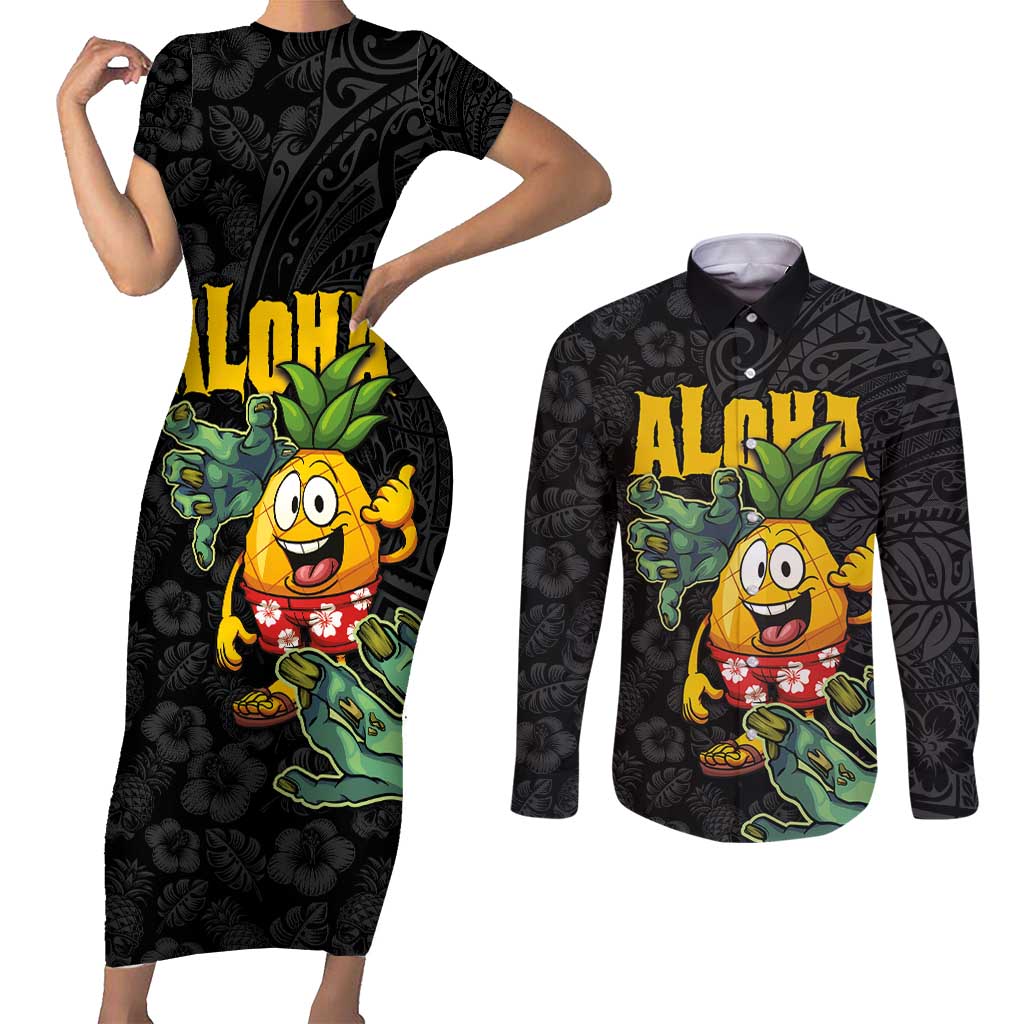 Hawaiian Halloween Couples Matching Short Sleeve Bodycon Dress and Long Sleeve Button Shirt Aloha Pinapple with Mysterious Hands and Polynesian Tribal Tattoo LT03 Black - Polynesian Pride
